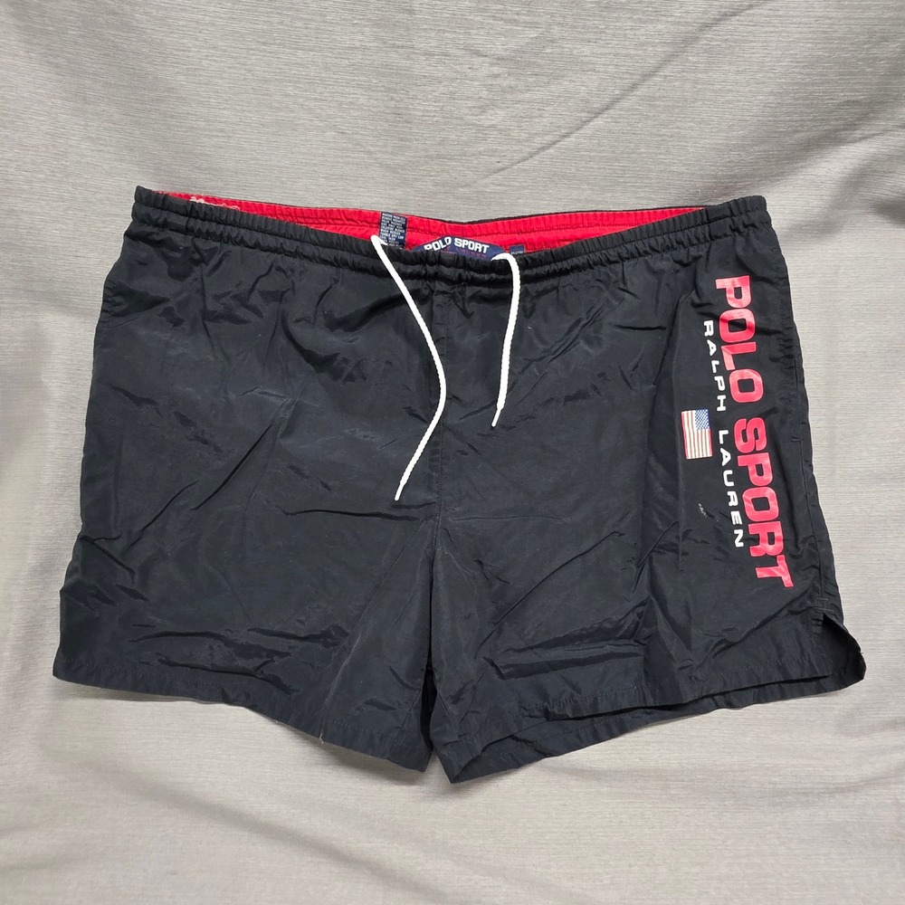 Vintage 90s Polo Sport Ralph Lauren Mens XL Black Swim Trunks Board Shorts Prep